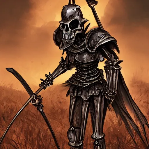 Prompt: in the style dnd a skeleton knight in black full plate armor standing on the battlefield surrounded by dead bodies, golden hour, shallow depth of field, moody lighting, 8 k, concept art,