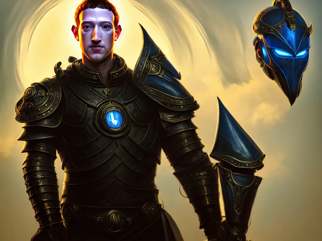 Image similar to front centered symmetrical RPG avatar portrait, Mark Zuckerberg as paladin, ornate armour, dramatic lighting, cinematic, establishing shot, high detail, cinematic lighting, post processed, 8k, concept art, artstation, matte painting, in the style of eddie mendoza, raphael lacoste, alex ross