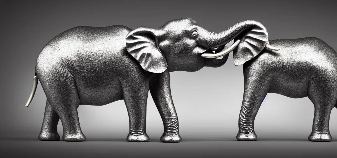 Image similar to a wide shot of silver handcrafted elephant, line of lights running inside the elephant, jewelry lighting, studio lighting, dark background, photorealistic, octane render, unreal engine