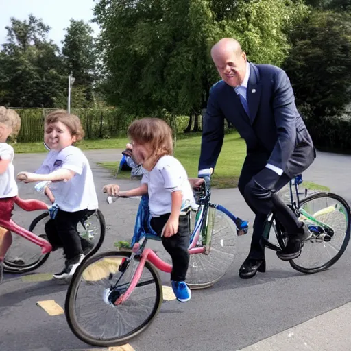 Image similar to chancellor of germany olaf scholz riding a tiny childrens bycicle