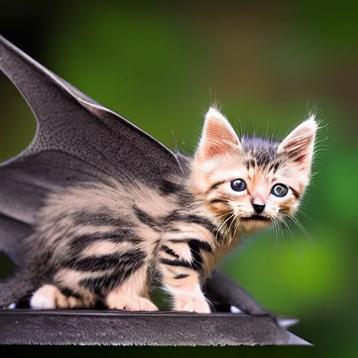 Image similar to hybrid between kitten and bat, nature photography, nikon, telephoto