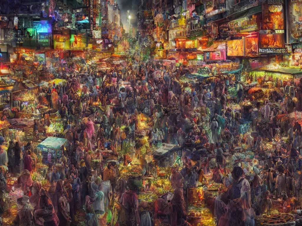 Prompt: hyperrealistic matte painting, a solemn night, defied by spirit, pulse, and flow, the vibrant echoes of the market, drifters, traders, collectors, and travelers, within radiate connection, forming an oasis of vivid lights within the shallow city, dark, ultradetailed, vibrant people, vivid color, crowded people, huts, stores, close up, artistic style, eye level shot, cyberpunk style, blue color scheme, by Carl Gustaf Hellqvist, George Luks