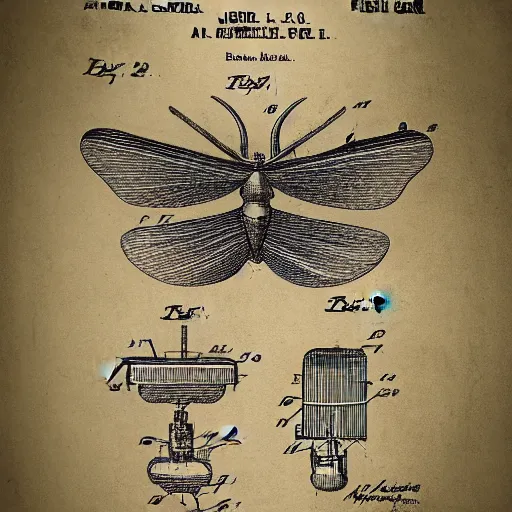 Prompt: patent drawing of a mechanical moth