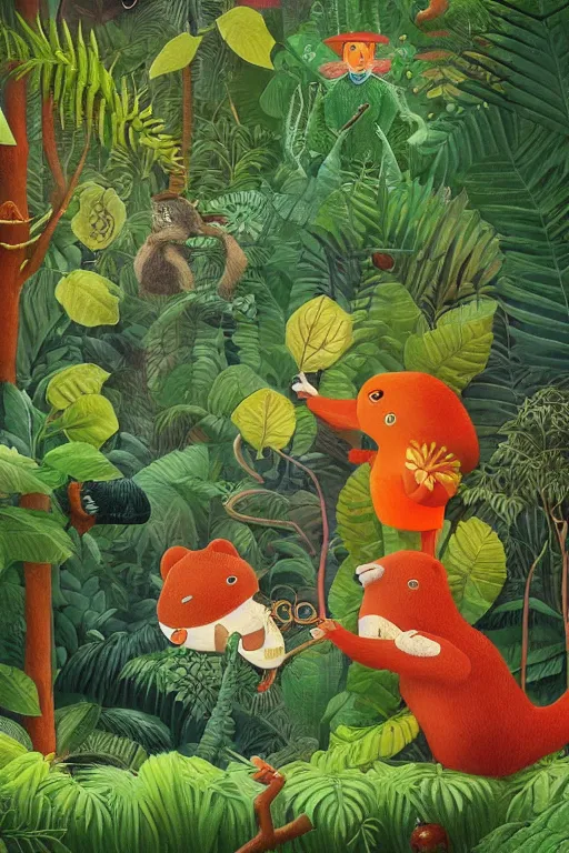 Prompt: rare bird in the jungle, night, stars, highly detailed, unreal engine render concept art, style of henri rousseau and richard scarry and hiroshi yoshida