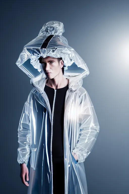 Image similar to an ultra high definition professional high fashion portrait studio full length photograph of a male model wearing a transparent pearlescent raincoat and neon visor in an icelandic black rock environment at dawn. no artefacts. extremely detailed. stark. refraction. shallow depth of field. volumetric light and shadow. ray tracing. light rays.