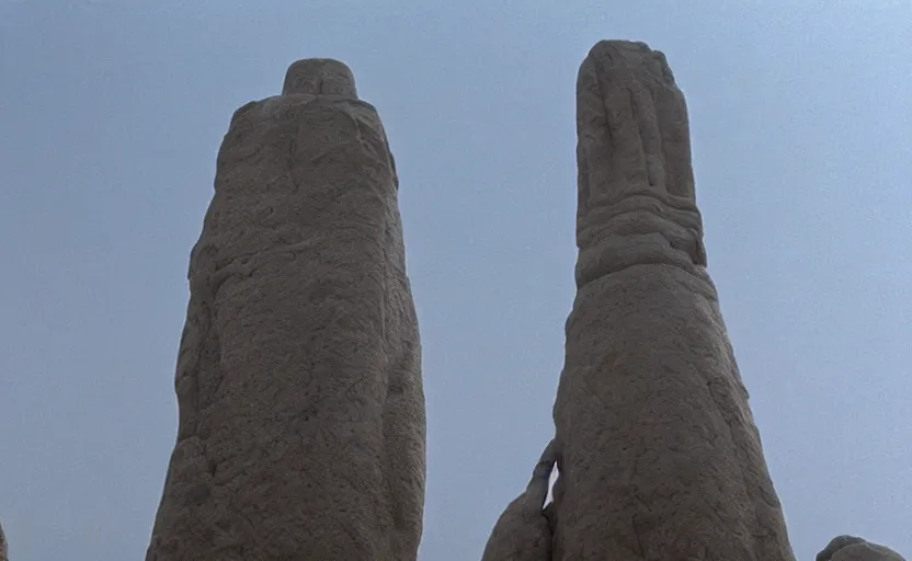 Prompt: screenshot of low angle wide shot of ancient Jedi sculpture looming in the sky outside the foggy Jedi Temple scene from The Force Awakens, 1970s film by Stanley Kubrick, serene, iconic scene, hazy, stunning cinematography, hyper-detailed, sharp, anamorphic lenses, kodak color film, 4k