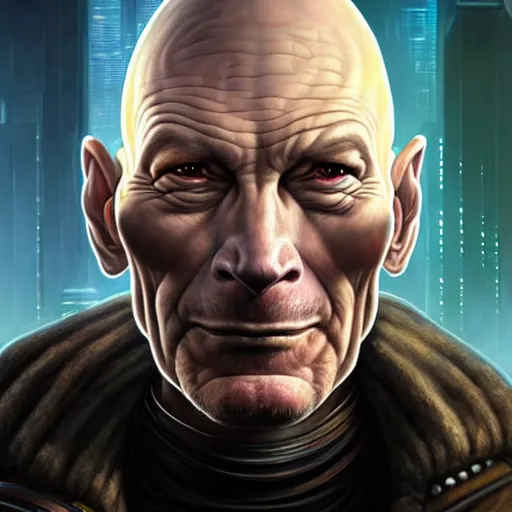 Image similar to portrait painting of a cyberpunk orc doctor who looks like patrick stewart with tusks, shadowrun, ultra realistic, concept art, intricate details, eerie, highly detailed, photorealistic, octane render, 8 k, unreal engine. art by artgerm and greg staples and elsa beskow and brian froud and jessica rossier