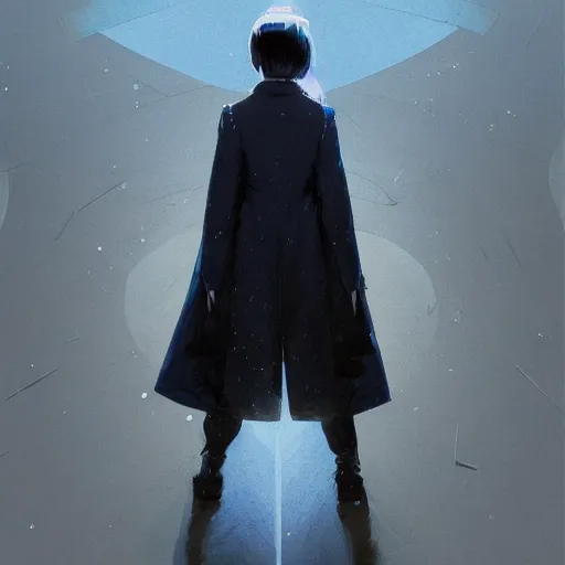 Image similar to low - angle shot from behind of a girl with light blue straight hair in a blue tailcoat, combat boots, noir, sharp focus, intricate, illustration, cell shaded, color block, digital painting, highly detailed, art by greg rutkowski, studio quality, makoto shinkai, james jean