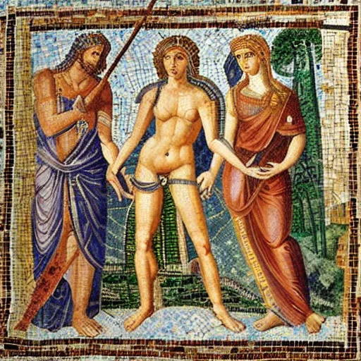 Prompt: a beautiful roman mosaic of adam, eve and the serpent by michaelangelo, rome, 1 0 0 ad