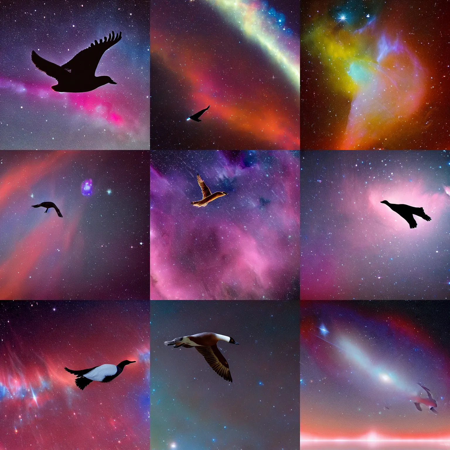 Prompt: A cosmic canada goose, a single majestic gigantic goose flying among the stars and nebulae