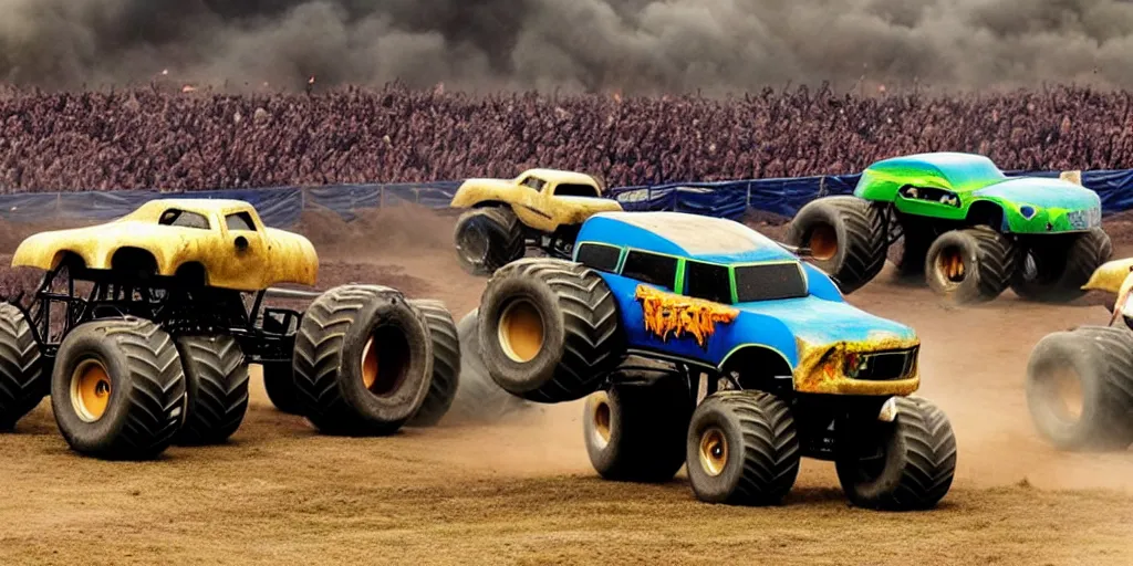 Prompt: monster trucks on a medieval battlefield fleeing from cavalry