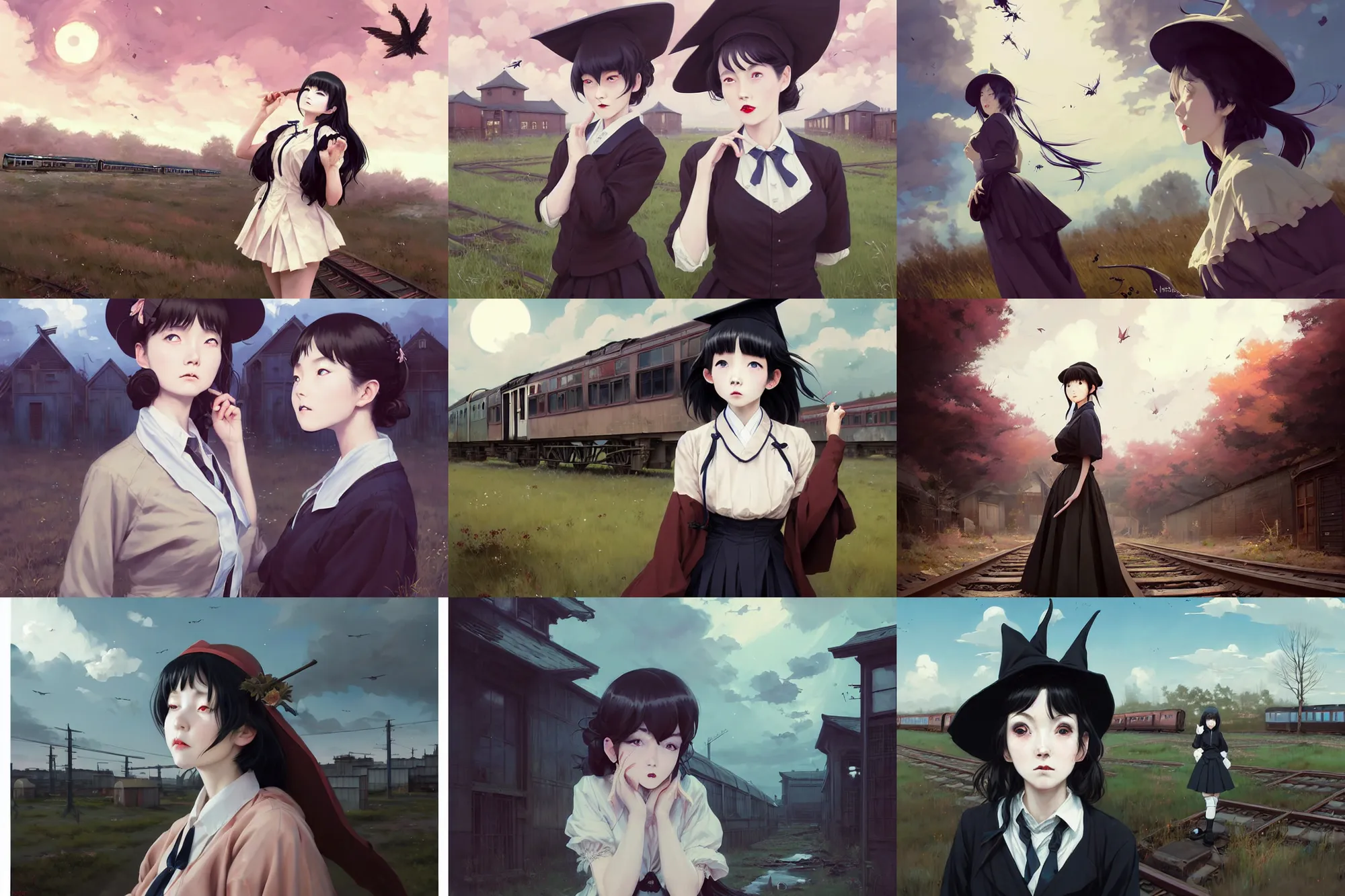 Prompt: hyper - realistic portrait of a beautiful alluring witch wearing 2 0 1 0's japanese school uniform in the sky over an abandoned 1 8 th century train yard, in style of atey ghailan, by greg rutkowski, by greg tocchini, by james gilleard, by joe fenton, by kaethe butcher, by rick wade art, dynamic lighting, grunge aesthetic