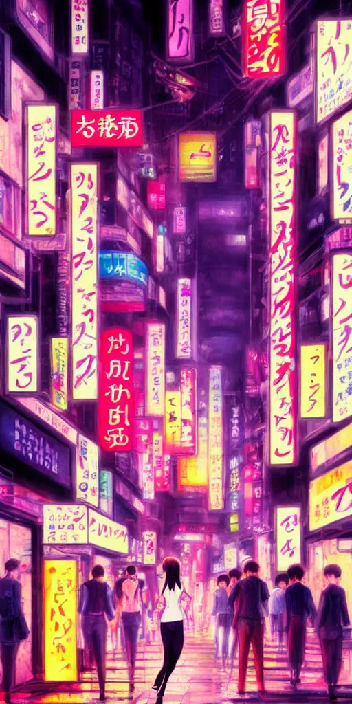 Prompt: a realistic painting of an anime girl crossing a crowded street at night in the city of tokyo. Gorgeous colors and neon light. .