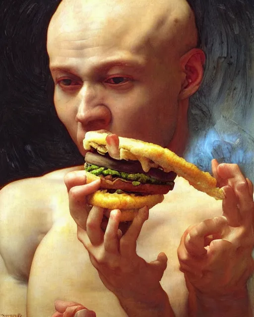 Image similar to saturn devouring his big mac, by edgar maxence and caravaggio and michael whelan, intricate painting, hyper realistic, extremely detailed and beautiful aesthetic face, 8 k resolution