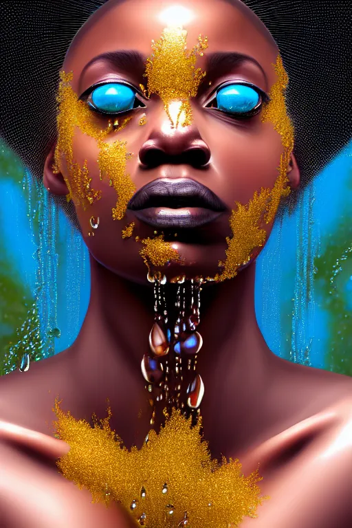 Prompt: hyperrealistic precisionist cinematic profile very expressive! black oshun goddess, in water! up to shoulders, mirror dripping droplet!, gold flowers, highly detailed face, digital art masterpiece, smooth eric zener cam de leon, dramatic pearlescent turquoise light on one side, low angle uhd 8 k, shallow depth of field, platinum print