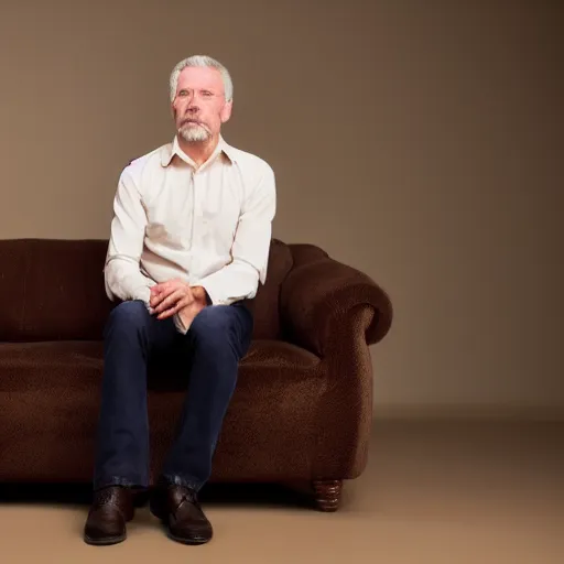 Image similar to full body photo of steve, mature male, mysterious face. he is sitting gracefully on a sofa, elegant slim beige shirt, tight shirt, bear belly