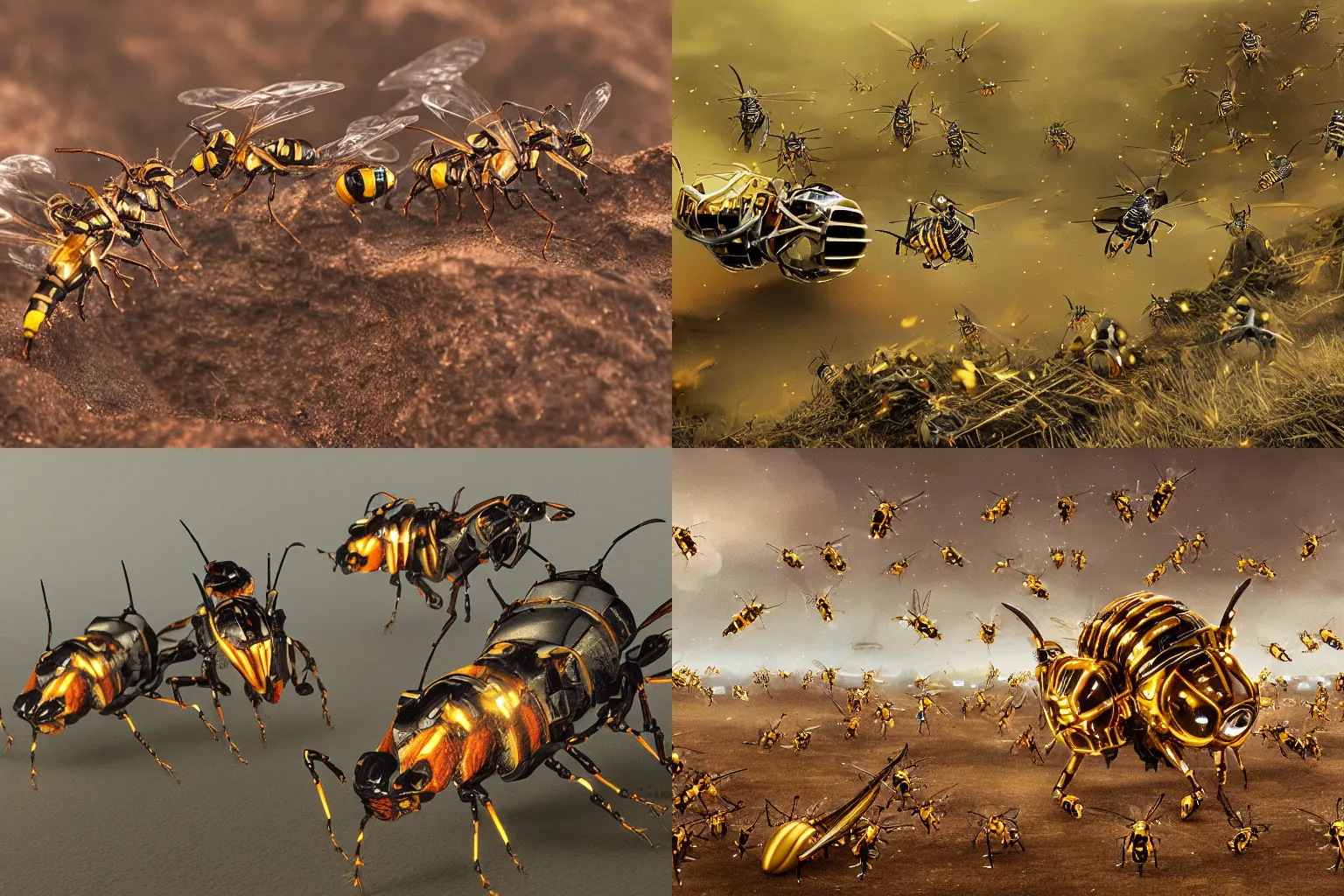Prompt: robotic mechanical wasps with stingers in battle, 8 k, reflective