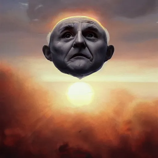 Image similar to the disembodied head of rudy giuliani is floating in the sky and covering the sun. the sky is orange. people on the ground are running away out of fear. a rotoscoped image, comedy, ( ( concept studio ghibli ) ) ( ( by greg rutkowski ) )