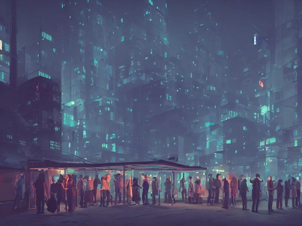 Image similar to few people waiting in a bus stop in dark city night, Low level, rendered by Beeple, Makoto Shinkai, syd meade, simon stålenhag, environment concept, synthwave style, digital art, unreal engine, WLOP, trending on artstation, 4K UHD image, octane render