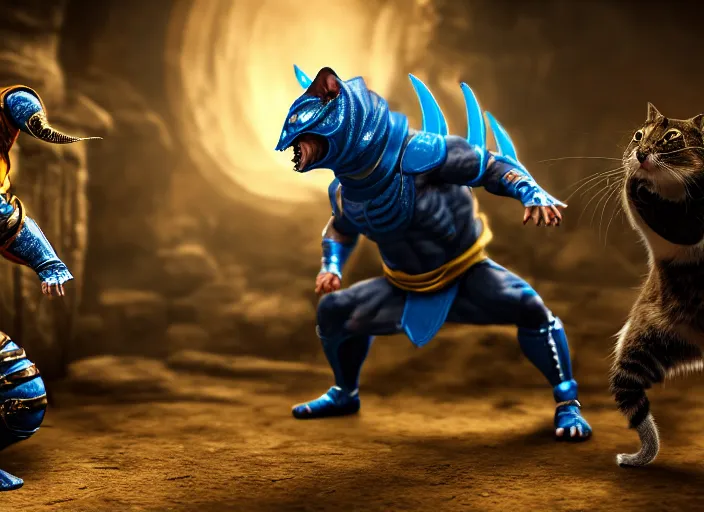 Image similar to hamster dressed as sub zero fights a cat dressed as scorpion in mortal kombat on the background of a laughing shao khan. fantasy magic style. highly detailed 8 k. intricate. lifelike. soft light. sony a 7 r iv 5 5 mm. unreal engine with nanite and path tracing