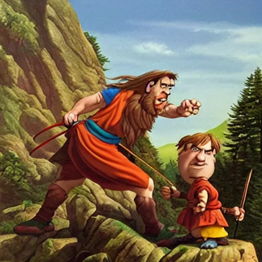 Image similar to groo the wanderer and rufferto in an epic pose on top of a mountain painted by alex ross