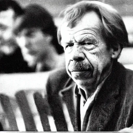 Prompt: a closeup of vaclav havel in a frame from a jan svankmajer movie