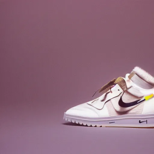 Prompt: a studio photoshoot of A Nike sneaker designed by Virgil Abloh, Off-White, realistictic, color film photography by Tlyer Mitchell, 35 mm, graflex