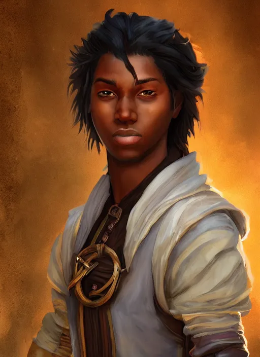 Image similar to An epic fantasy comic book style portrait painting of a young dark skinned long haired boy in plain peasant clothes with intelligent eyes in the style of the wheel of time, unreal 5, DAZ, hyperrealistic, octane render, cosplay, RPG portrait, dynamic lighting