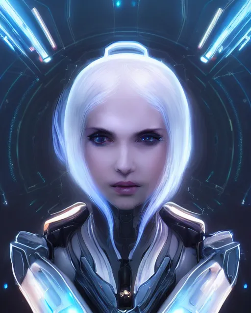 Image similar to perfect android girl on a mothership, warframe armor, beautiful face, scifi, futuristic, galaxy, nebula, raytracing, dreamy, long white hair, blue cyborg eyes, sharp focus, cinematic lighting, highly detailed, artstation, divine, by gauthier leblanc, kazuya takahashi, huifeng huang