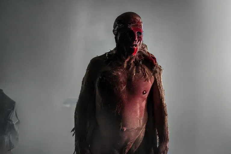 Image similar to a cinematic portrait of mutant serial killer dressed in human skin, in a backroom, fog storm, annie leibovitz and zack snyder, 8 k, hd, high resolution, 8 5 mm, f / 1. 8