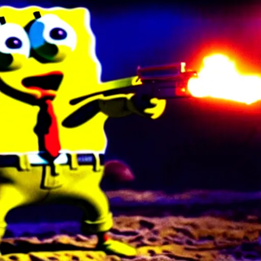 Image similar to high detail movie still of ultra realistic spongebob squarepants shooting an ak - 4 7 machine gun with muzzle flash, cinematic framing rule of thirds, cinematic light, hard shadows, in the style of the movie lone survivor,