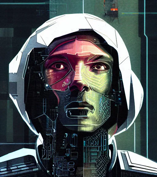 Image similar to a cyberpunk man with a glitching face, techwear, Industrial Scifi, detailed illustration, character portrait, by Martin Grip and Moebius