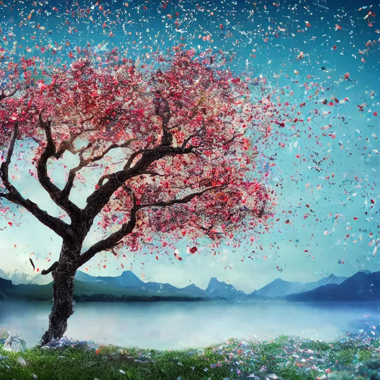 Image similar to a beautiful awesome artistic tree with falling flowers like leaves and many birds, all in the amazing outdoors view, mountain in the background, lake, long exposure, 8 k resolution, trending on artstation