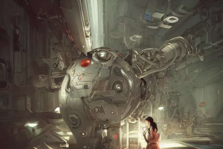 Image similar to hyperrealistic photography of a machine entering a female host in the style of Jin Kagetsu, James Jean and wlop, highly detailed, sharp focus, intricate concept art, digital painting, ambient lighting, 4k, artstation