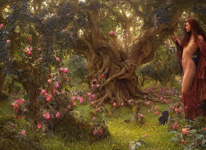 Image similar to jim henson's labyrinth. hedge maze. lush orchard, with strange fruit trees. fairies fight with hummingbirds for nectar. edgar maxence and caravaggio and michael whelan and delacroix style, artistic, intricate painting, cinematic lighting, hyper realistic, extremely detailed, vivid colors, establishing shot, dramatic lighting