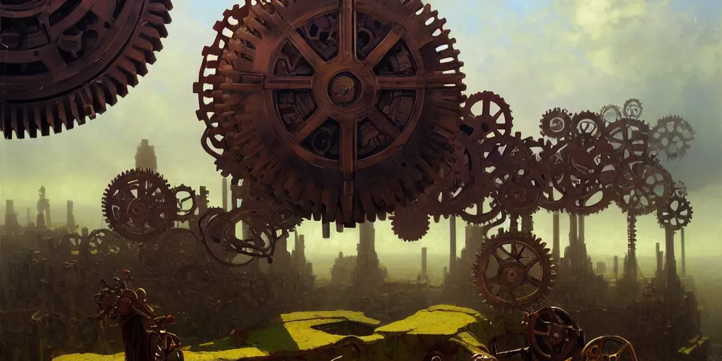 Image similar to giant interlocked gears cogs floating in the sky no people clockwork, giant mechanisms, industry, villages castles, buildings vista artstation illustration sharp focus sunlit vista painted by ruan jia raymond swanland lawrence alma tadema zdzislaw beksinski tom lovell alex malveda greg staples