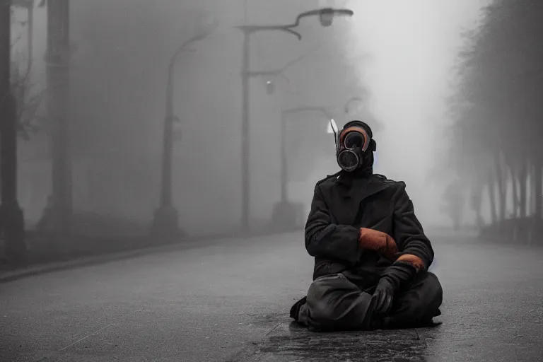 Image similar to street photography of man in gas mask sitting in a foggy alley By Emmanuel Lubezki