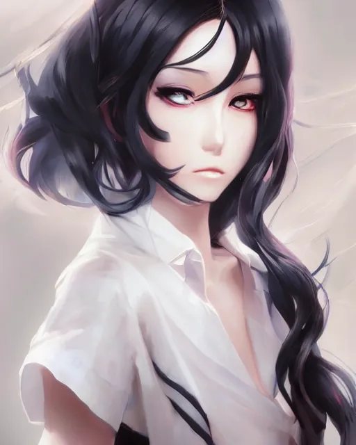 Image similar to An anime portrait of a beautiful girl with long black hair wearing a white blouse, by Stanley Artgerm Lau, WLOP, Rossdraws, James Jean, Andrei Riabovitchev, Marc Simonetti, and Sakimichan, tranding on artstation