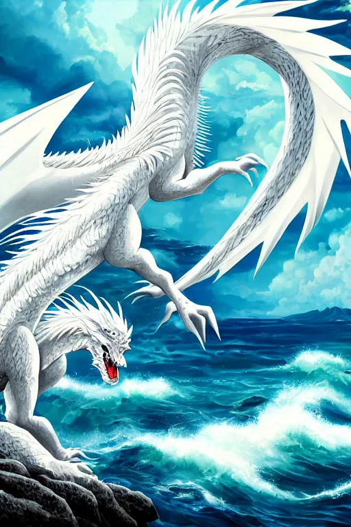 Prompt: Japanese poster art of a white dragon in front of the sea during a storm, cliffs, clouds, thunder, 4k, colourful