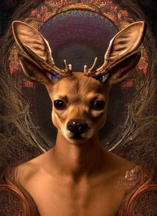 Prompt: deer chihuahua huge ominous glowing brown eyes staring into my soul, perfect eyes, soft pale golden skin, intricate stunning highly detailed, Agostino Arrivabene, Tomasz Strzalkowski, twisted bright lucid dream, 8k portrait render, swirling thick smoke , beautiful lighting, art nouveau, Alphonse Mucha, cgsociety