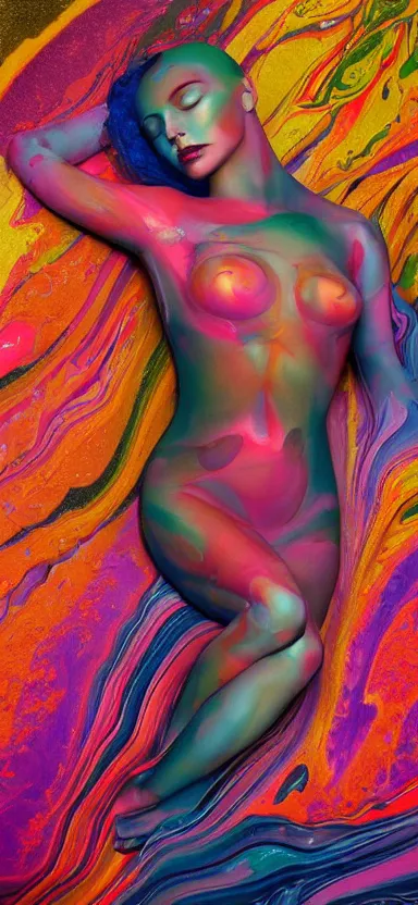 Image similar to 3 d female body silhouette sleeping in marbling liquid acrylic fluid, art noveauand art deco, gold, cinestill, bokeh photography, photography by amy leibowitz and volfgang schneider, bodypainting, painting by morava and goldalh, artstation, epic concept art, beautiful female face matte painting