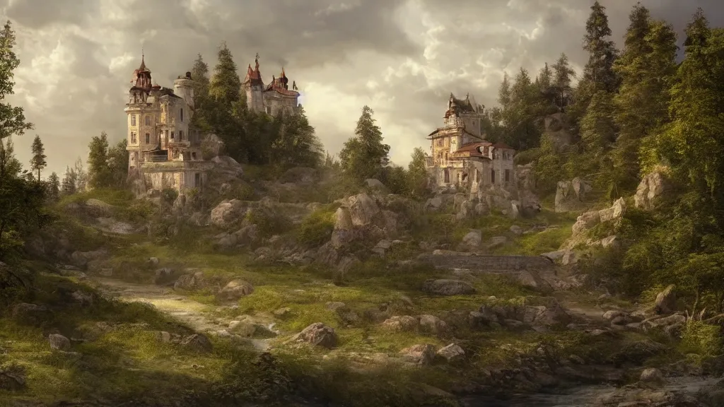 Image similar to newly built castle sitting by the seaside with rolling hills and a small village by eugene von guerard, ivan shishkin, dramatic lighting, concept art, trending on artstation, 8 k