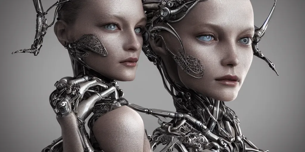 Prompt: hyper realistic photography of a beautiful cyborg female, intimately holding close, chrome finish intricate filigree, in the style of beth cavener, jin kagetsu, wlop, highly detailed, symmetry, masterpiece, concept art, ringflash, highkey lighting, ambient lighting, octane render, 8 k, artstation