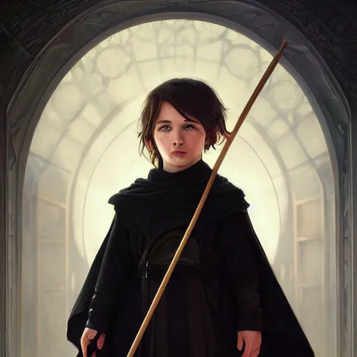 Image similar to perfectly - centered - portrait of a kid wearing black cloak holding stick, intricate, highly detailed, digital painting, artstation, concept art, smooth, sharp focus, illustration, unreal engine 5, 8 k, art by artgerm and greg rutkowski and alphonse mucha