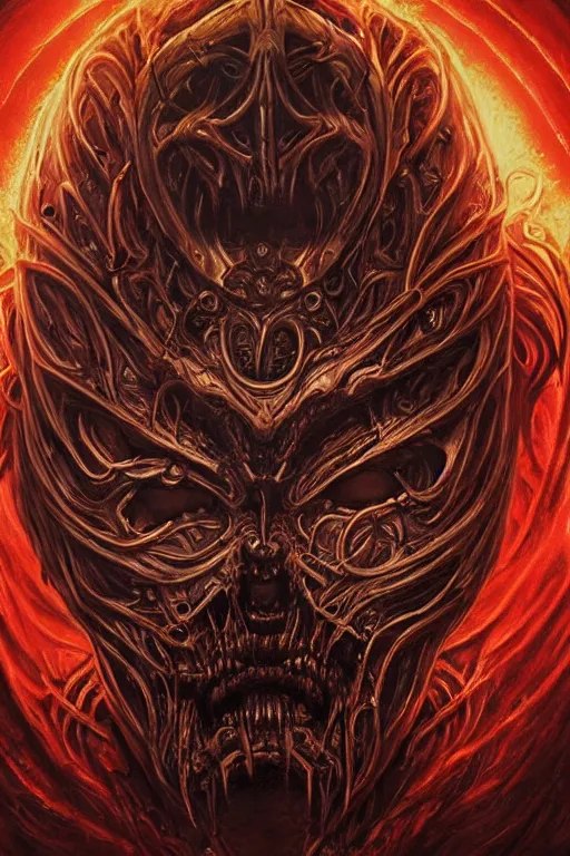 Prompt: Elden Ring and Doom themed painting of majestic crimson biomechanical necro revenant human hybrid beautiful undead angel symmetrical angry mask closeup face angry mask closeup tattoo pattern golden ratio concept, Neo-Gothic concept, infinity glyph waves, intricate artwork masterpiece, very coherent artwork, cinematic, full frontal facial features by Artgerm, art by H.R. Giger, Takato Yamamoto, Zdizslaw Beksinski, Johnatan Wayshak, Moebius, Ayami Kojima, very anatomically coherent artwork, trending on cgsociety, ultra high quality model, production quality cinema model, high detail chromatic ink outline, octane render, unreal engine 8k, hyper realism, high detail, octane render, unreal engine, 8k, High contrast