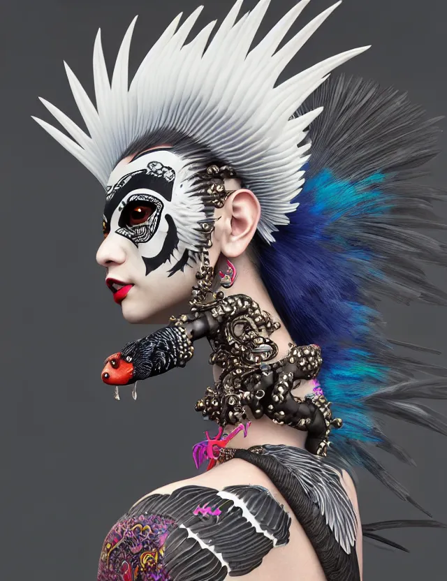 Image similar to 3 d goddess close - up profile portrait punk with mohawk with ram skull. beautiful intricately detailed japanese crow kitsune mask and clasical japanese kimono. betta fish, jellyfish phoenix, bio luminescent, plasma, ice, water, wind, creature, artwork by tooth wu and wlop and beeple and greg rutkowski