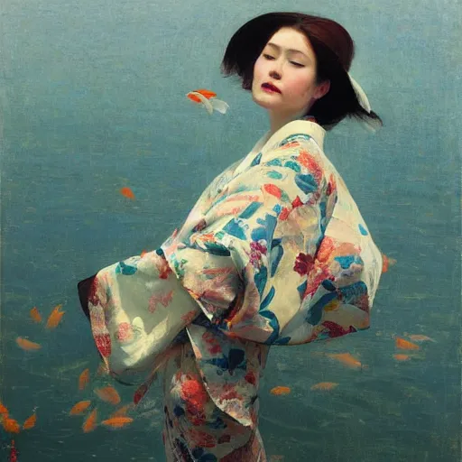 Prompt: girl in kimono, koi fish flying around her, jeremy lipking, joseph todorovitch