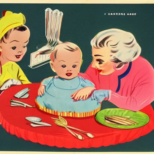 Prompt: 1950's cookbook color illustration baby cake adorable cartoon face sharp detail high detail