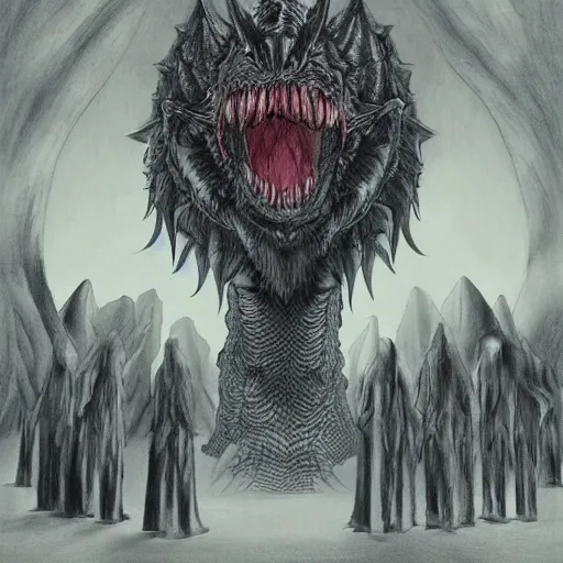 Prompt: A beautiful drawing of a large, dragon-like creature with sharp teeth, talons, and a long tail. The creature is looming over a small group of people who appear to be in distress. by Satoshi Kon, by Matthias Jung