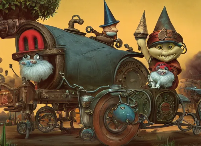 Image similar to matte sharp painting, close - up of a garden gnome driving a steampunk bus, a cat is holding onto the roof, juxtapoz, artforum, gary baseman, preston blair, tex avery, dan mumford, pedro correa